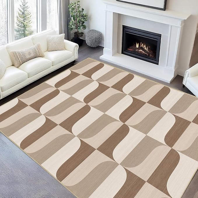 Area Rug 5x7 Modern Geometric Rug Neutral Beige Brown Abstract Mid Century Modern Rugs for Living Room Machine Washable Non-Slip Printed Low Pile Indoor Carpet for Bedroom Dining Room Office