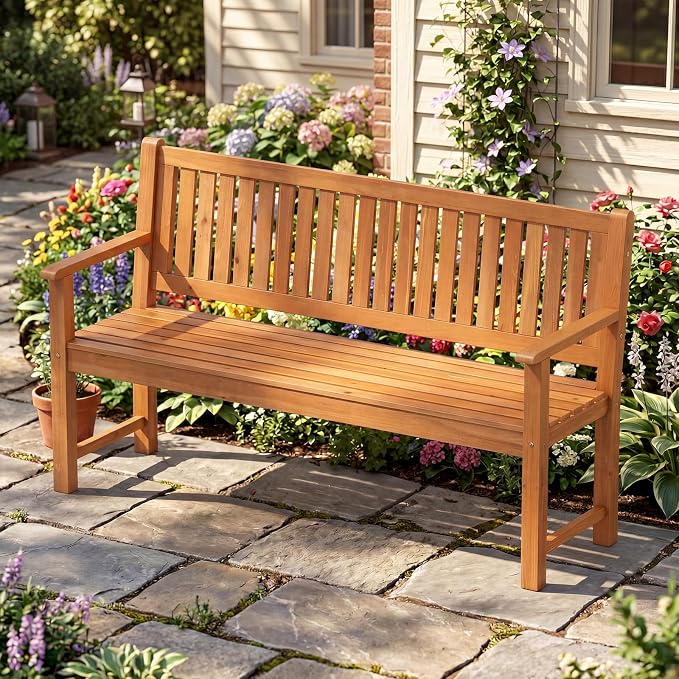 Tangkula 3-Seater Outdoor Wooden Bench, 59” Large Garden Bench with Backrest, Armrests, Slatted Seat, Loads up to 990 LBS, Fir Wood Bench Seating for Porch, Backyard, Deck, Poolside (59",Natural)