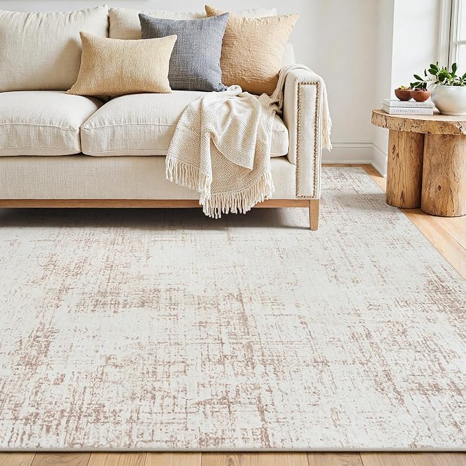 10x14 Area Rug for Living Room Bedroom: Non-Slip Modern Beige White | Machine Washable TPR Backing, Stain-Resistant Low Pile, Pet & Kid Friendly, Abstract Decor for Dining Room, Dorm, Home Office