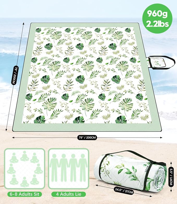 DEWUR Picnic Blankets 79"x79" Extra Large Outdoor Blanket Beach Blanket Waterproof SandProof Picnic Mat Washable Foldable Portable for Grass Lawn Beach Camping (Green with Leaves)