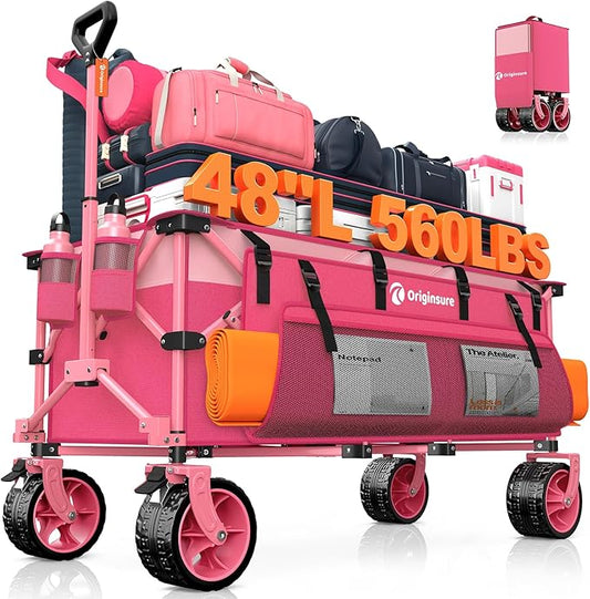 Originsure 48" L Collapsible Wagon Cart Foldable, 560lbs Weight Capacity 300L Heavy Duty Folding Beach Wagons with Big All-Terrain Wheels, Utility Carts for Groceries, Camping, Sports - Pink