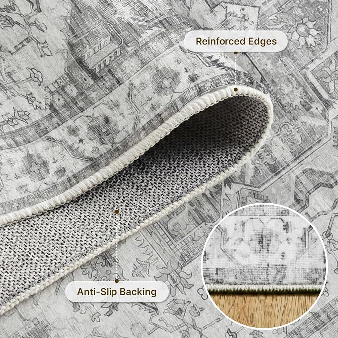 8x10 Area Rug Vintage Washable Rugs for Living Room Bedroom Nursery | Farmhouse Boho Floral Neutral Washable Stain Resistant Indoor Carpet for Bedroom Office and Home Decor (Black&Grey)