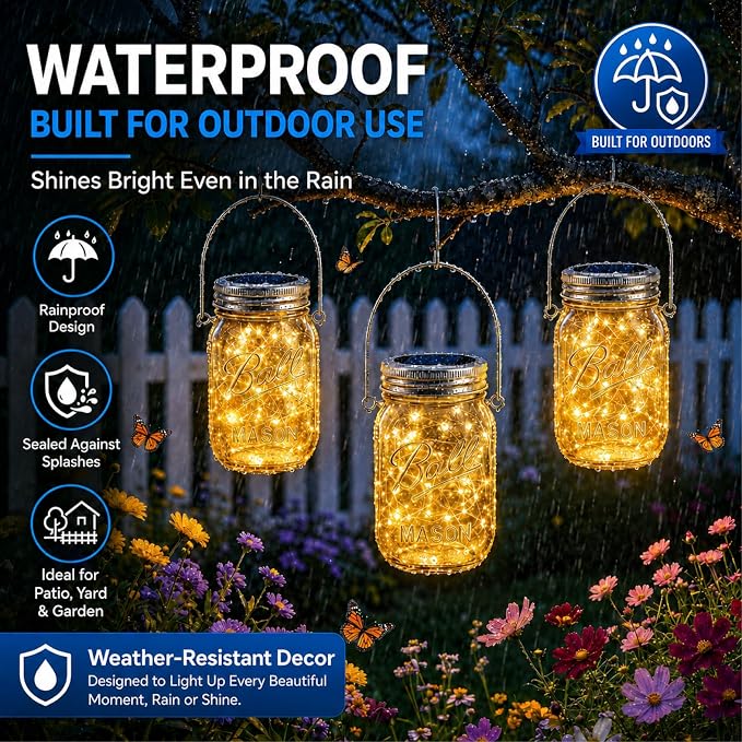HXWEIYE 8 Pack Solar Mason Jar Lights Lanterns,Jars & Hangers Included，30LED Waterproof Hanging Outdoor Fairy Lights for Patio Garden Porch Yard Backyard Balcony Wedding(Warm White)