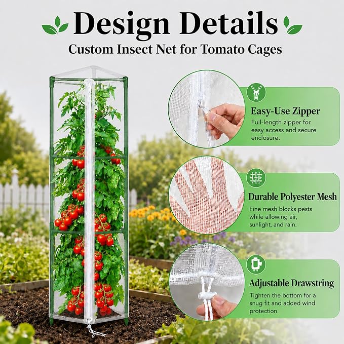 Halatool Garden Tomato Plant Cover Netting, Fits 55–72" Tall Tomato Cages, Garden Bird Netting with Zipper & Drawstring, Insect Barrier, Plant Covers from Insects Animals, 4 Pack, 61"×15.7"