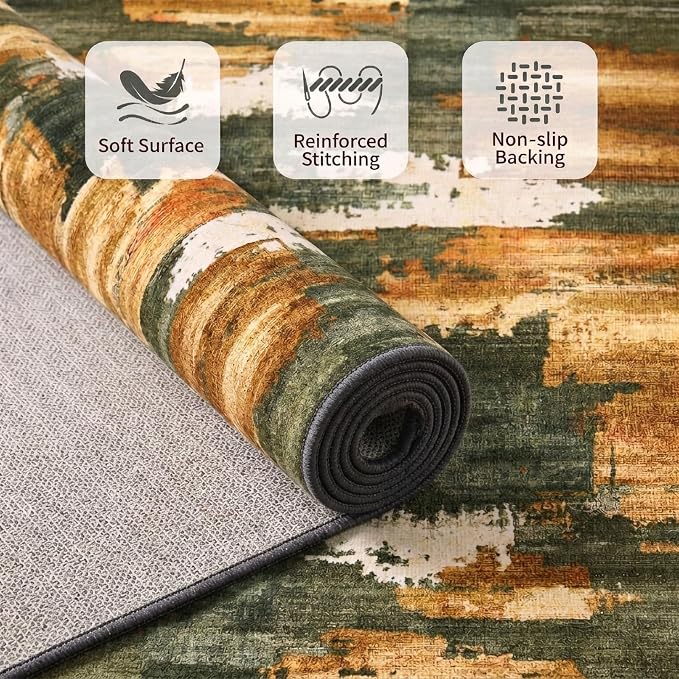 5x7 Green & Brown Abstract Brushstroke Area Rug for Living Room | Soft Low-Pile Machine-Washable Rug with Non-Slip Backing for Bedrooms, Dining Rooms and Home Offices, Designed for Daily Care