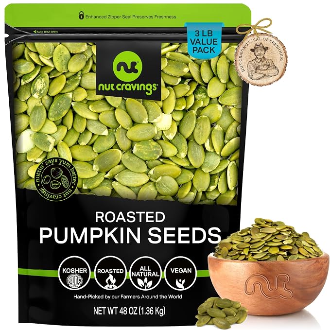 NUT CRAVINGS - Roasted & Unsalted Pumpkin Seeds, Pepitas, No Shell (48oz - 3 LB) Packed Fresh in Resealable Bag - Nut Snack - Food Assortments