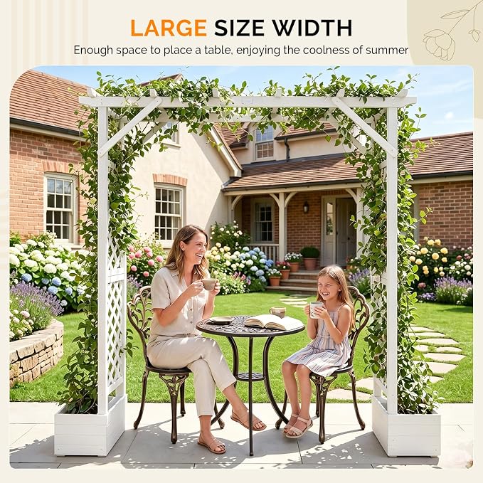 VINGLI Wooden Garden Arbor with Planter, Wedding Arch for Ceremony, Wood Garden Arbour Trellis for Plant Climbing, Pergola for Garden Backyard, Lawn, Outdoor (White)
