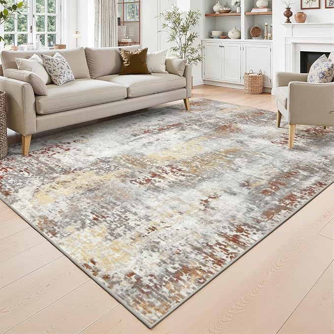 Toneed Washable 5x7 Area Rug with Non-Slip Backing for Living Room | Abstract Modern Rugs, Soft Low Pile Carpet for Bedroom Kitchen Dining Room Nursery Indoor Floor Home Decor, Taupe Grey Brown