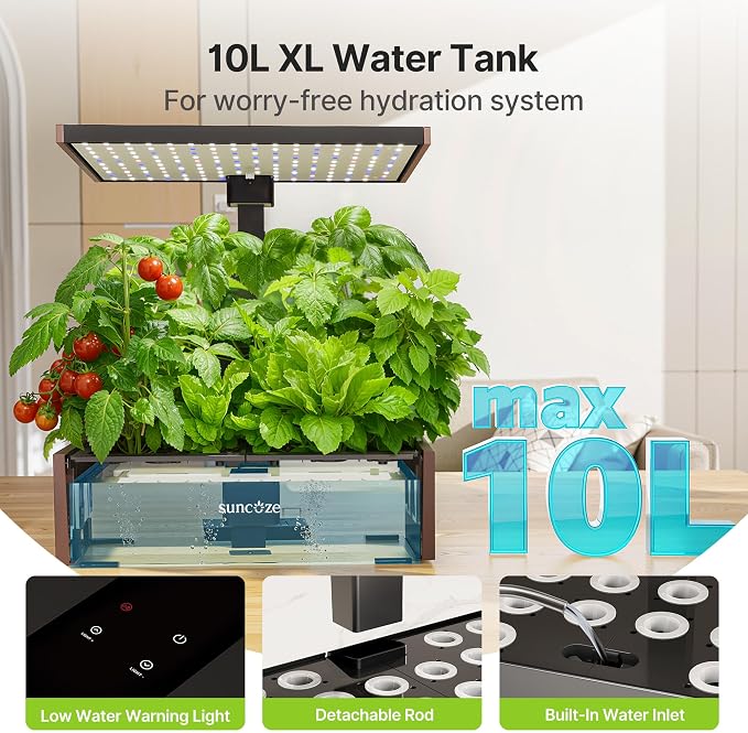 SUNCOZE Hydroponics Growing System 20 Pods, 25" Adjustable Height, 10L Tank | Indoor Garden with 30W Dimmable LED Grow Light, Water & Nutrient Reminder, Quiet Circulation Pump, Black&Brown