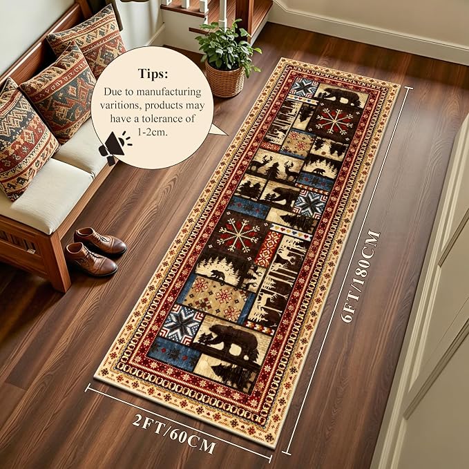 LOKHOM 2x6 Hallway Runner Rug, Non Slip Washable Western Cabin Bear Rugs | Bear Pattern, Low Pile Soft Kitchen Rug, Vintage Wildlife Accent Carpet Runner, For Laundry Bedroom Entryway Nursery