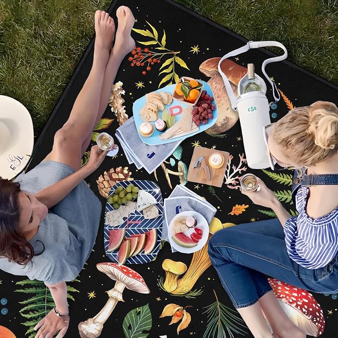 Mushroom Picnic Blankets Waterproof Foldable, 60″X80″Thick Three Layer Picnic Mat Outdoor Blanket for Grass,Cute Beach Blanket Sandproof Picnic Accessories for Camping Party Park Hiking