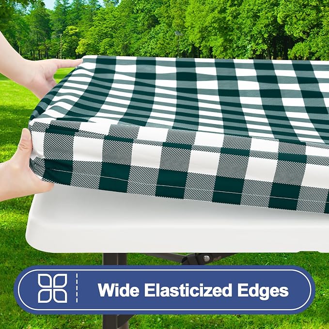 Smiry Picnic Table Cover with Bench Covers, Waterproof Elastic Fitted Tablecloths for 6 Foot Rectangle Tables, Washable Buffalo Plaid Tablecloth for Camping, Outdoor (Emerald Green & White, 30"x72")