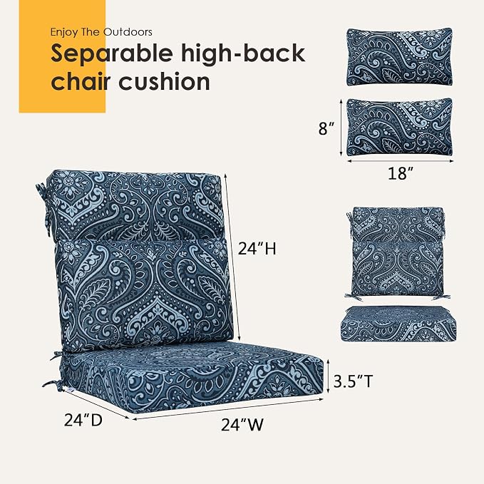 Outdoor High Back Chair Cushion, 2 Pack 48 x 24 inches Patio Chair Cushions Water Repellent Rocking Cushions Indoor Furniture Seat Pad with 2 Pillows, Damask Vine