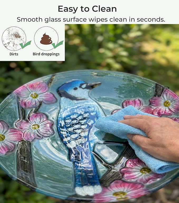 Large Bird Bath for Outside, 18" H Glass Bath Bowl with Metal Stand 28" H Standing Outdoor Birdbaths for Garden Yard Lawn Decor, Blue Jay