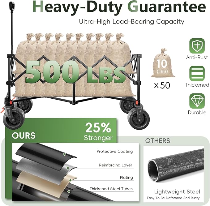 46" L Collapsible Foldable Extended Wagon, 500LB Weight Capacity with 280L Heavy Duty Folding Cart,Utility Wagon with All-Terrain Beach Wheel & Drink Holders,Green