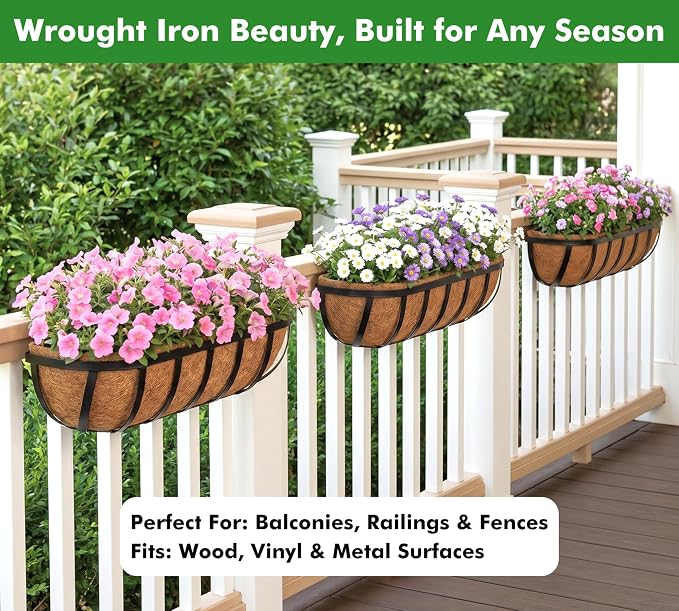 Y&M 24 Inch Railing Planter Boxes 2Pack, 2-in-1 Window Box and Deck Railing Planters with Coco Liners, Heavy Duty Metal Flower Troughs with Adjustable Brackets for Balcony, Patio and Garden