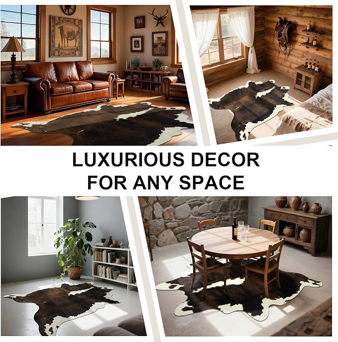 BENRON Faux Cowhide Rug, Cow Print Rug for Living Room Bedroom 4.6x5.2ft | Western cow hide rug for Cowboy Cowgirl Home Decor, Washable Rugs with Irregular Animal Skins and Hides Non Slip, Brown