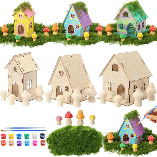 DoubleFill 3 Sets Wooden Fairy House Craft Kit for Kids - Classroom DIY Fairy Garden with Paints & Decorations - School Arts Crafts & Birthday Gift for Activity Party Decor (3 Mixed Cute Roof Styles)