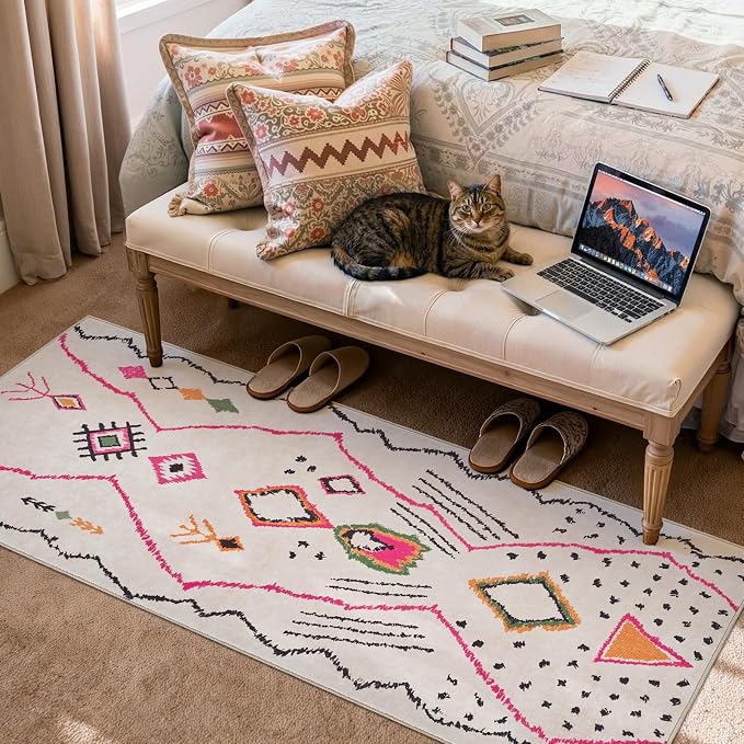 jinchan 2x5 Runner Rug Hot Nerd Boho Geometric Washable Hallway Rug, Beige | Tribal Inspired, Diamond Motifs, Artistic Lines, Washable, Soft Touch, Non-Slip, Low Pile, Hallway, Kitchen, Bedroom