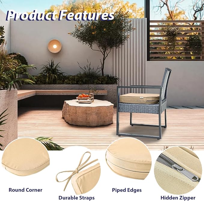 IPYNBAP Outdoor Chair Cushions Set of 4 -Waterproof Outdoor Seat Cushions for Patio Furniture, Patio Chair Cushion with Handle and Ties, Out Door Chair Pads,18.5x16x3-Round, Beige