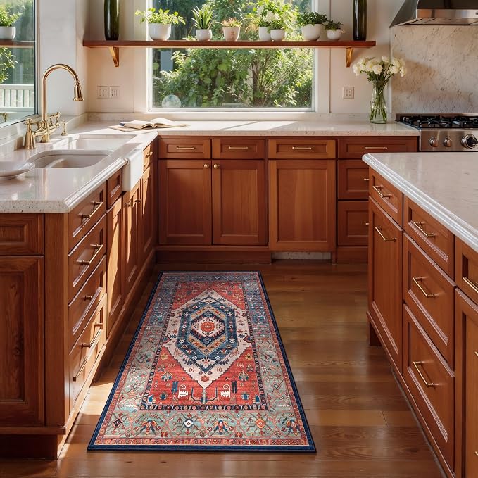 SERISSA 2x4 Washable Non Slip Boho Runner Rug for Entryway，Rust | Ultra Soft Vintage Oriental Carpet Low-Pile Tribal Door Mat Entrance Carpet for Bedroom Hallway Laundry Room Bathroom