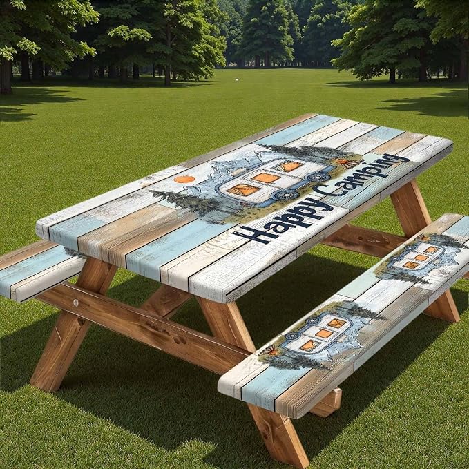 Wooden Camper Picnic Table and Bench Cover, Camping Table Cover with Drawstring Bag, Waterproof Windproof Outdoor Elastic Tablecloth, Fitted Rectangle Tables and Seats 3 Pieces Set, 30x60 Inch