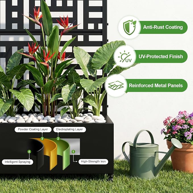 Casaphoria Metal Raised Garden Bed with Trellis and Wheels, 72"x47"x16" Planter Box for Climbing Plants, Vegetables & Vines, Features Drainage Holes and Privacy Screen (Black-Helen)