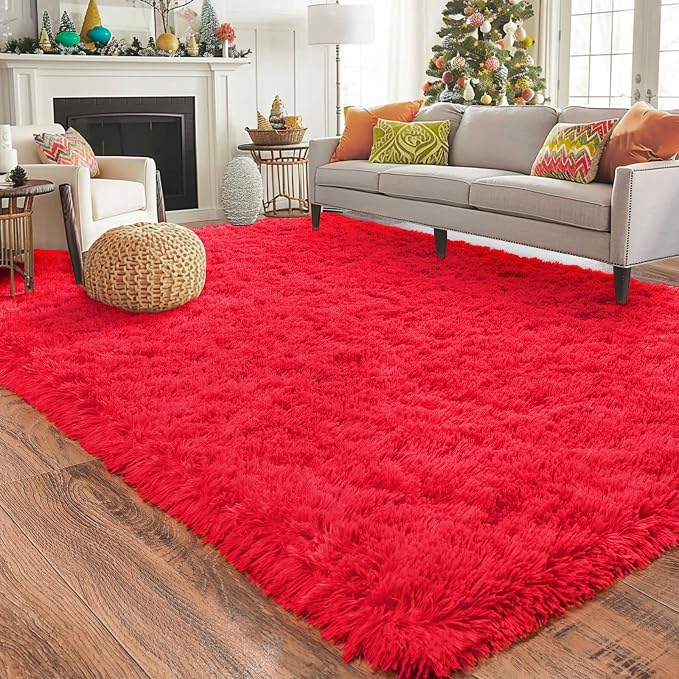 Soft Shag Rugs for Bedroom, Fluffy Washable 4x6 Red | Upgrade Non-slip, 4 x 6 Shaggy Rugs for Living Room Christmas, High Pile Fuzzy Plush Carpet Kids Room Dorm, Flame Resistant
