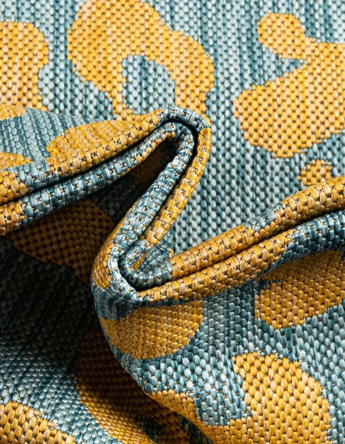 Unique Loom Outdoor Safari Collection Area Rug - Leopard (13' Square, Blue Yellow/ Blue)