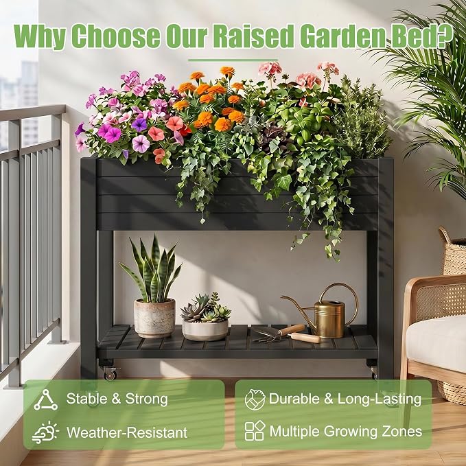 EFU Raised Garden Beds Outdoor, with Wheels for Mobility, Extra Storage Shelf, Water Level Monitoring, 21 Gallon Planter Raised Beds for Vegetables, Herbs, Fruits, Backyard, Patio, Balcony (Black)