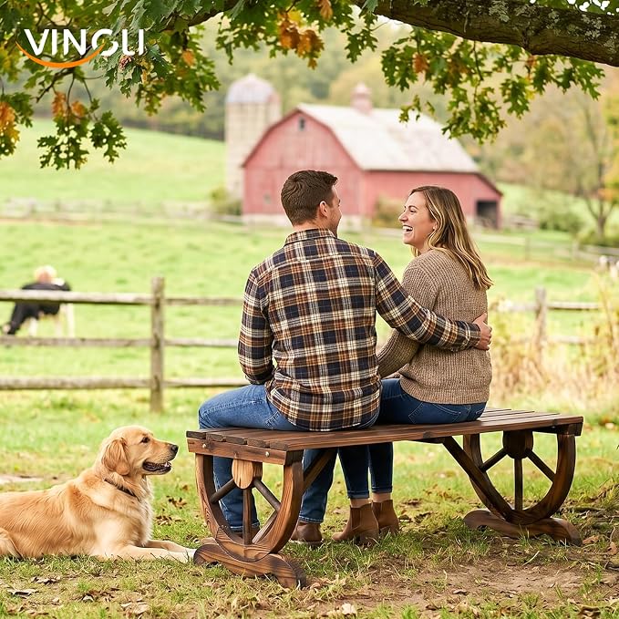 VINGLI Rustic Wooden Wheel Bench Outdoor Bench, Patio Bench Wagon Slatted Seat, Garden Benches for Outdoors 350lbs High Capacity, Weather Resistance (Rustic, 38in)