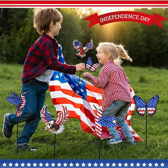 Pickmesh 6 Pcs 12" H 4th of July Outdoor Decor Patriotic Yard Decor Red White Blue Garden Stake Metal Yard Sign 250th Anniversary USA Flag Eagle American for Outdoor Independence Day Decoration