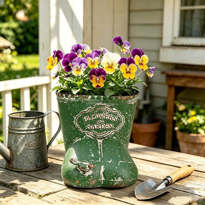 Vintage Distressed Boot Planter, Rustic Flowers & Garden Metal Rain Boot Plant Pot, Farmhouse Succulent Herb Planter for Indoor Outdoor Home Garden Patio Decor (Green - Small)
