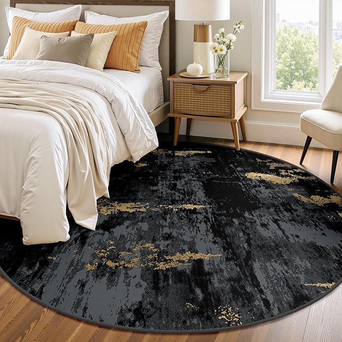 RELEANY Washable Round 6ft Area Rug for Living Room Black Gold | Carpet for Bedroom, Kitchen, Office, Hallway and Entryway, Printed Pattern, Non‑Slip, Soft, Stain‑Resistant, Easy to Clean