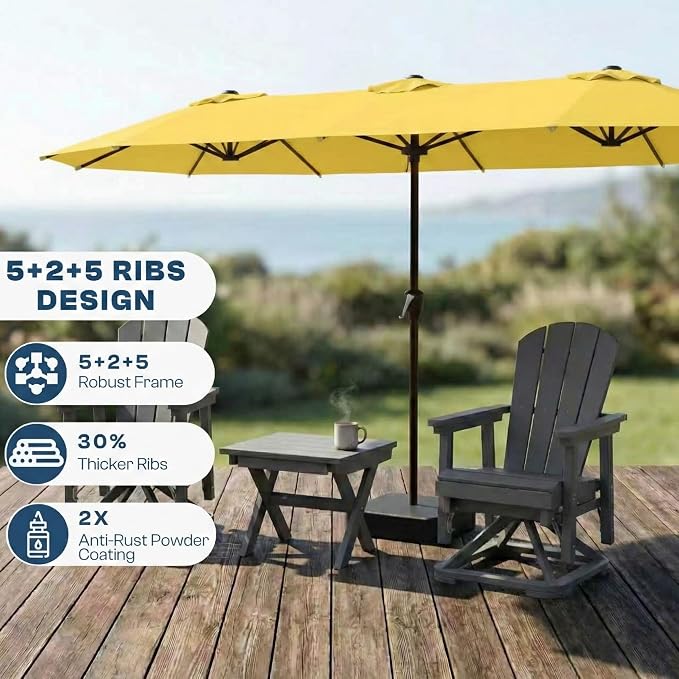 15FT Large Patio Umbrella with Base Included, Double Sided Outdoor Market Umbrella with Flexible Fiberglass Ribs, UV-Blocking Extra Large Umbrella for Garden, Pool, Deck, Sunshine Yellow