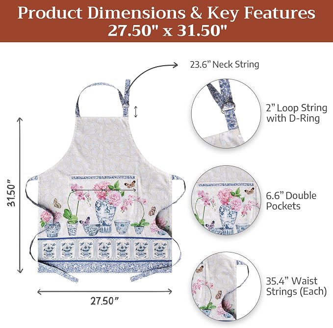 Maison d' Hermine Aprons for women with Pocket 100% Cotton (27.50"x31.50") | Adjustable Neck Strap & long ties Apron Men Chef Wedding Cooking Gardening Server Maid