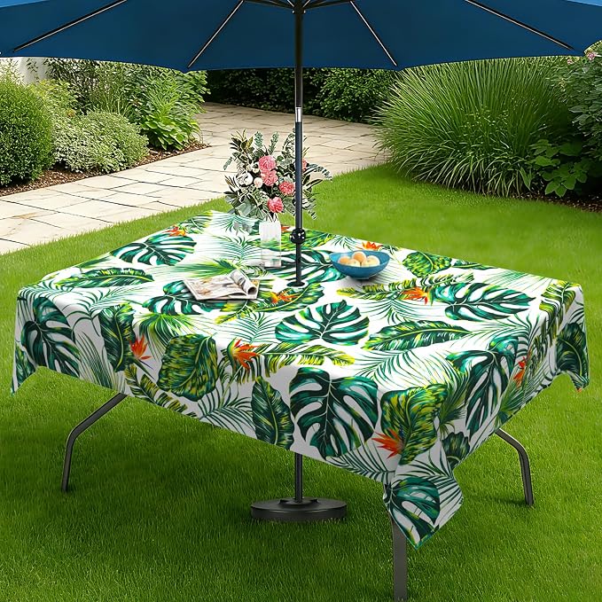 Green Leaves Outdoor Tablecloth with Umbrella Hole 60" x 84" Waterproof Zipper Table Cloth for Patio Table - Ideal Tablecloths for Picnics, Camping, and Yard Use