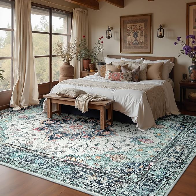 RELEANY Washable Area Rug, 8'x10', Teal Green/White/Navy | Non-Slip, Water Repellent, Pet Friendly, Easy to Clean, Vintage Floral Boho Decor for Living Room Bedroom Dining Room