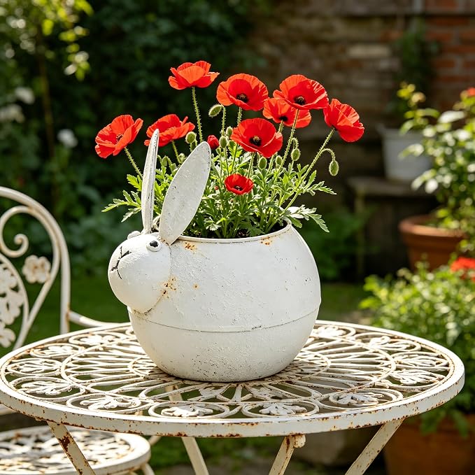 Rustic Metal Bunny Flower Pot, Distressed White Metal Rabbit Succulent Planter, Cute Planter Pot for Indoor Outdoor Home Garden Decor, Farmhouse Bunny Plant Holder