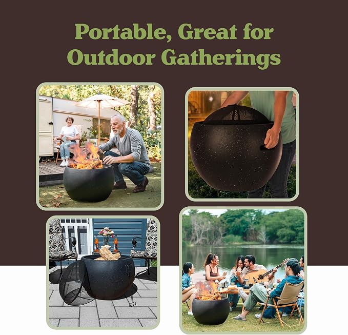Outdoor Fire Pit - 24” Round Faux Concrete Firepit - Wood Burning Fire Pit with Poker, Screen, Cover - Wood Fire Pits for Outside Patio by Pure Garden