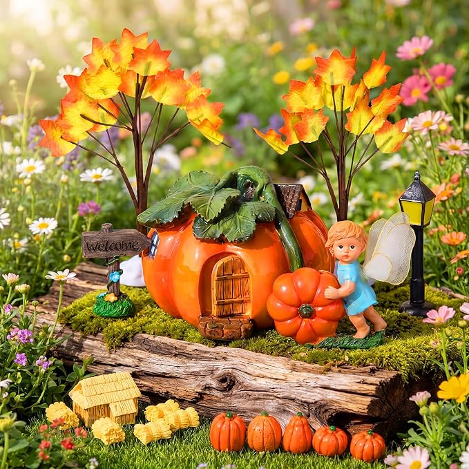 Pinkunn 16 Pcs Fall Miniature Fairy Garden Accessories Set Pumpkin Figurines House Straw Bales Welcome Sign Maple Trees for Autumn Harvest Thanksgiving Halloween Decor for Terrarium Dollhouse