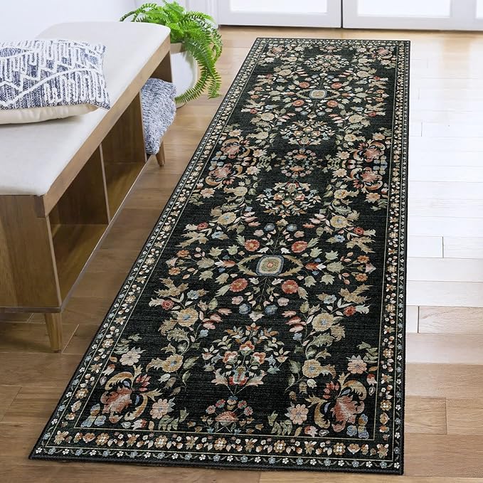 Washable Runner Rug 2x6 Area Rug Non Slip Ultra-Thin Floral | Long Throw Carpet for Hallway Kitchen Bedroom Bedside Laundry Room Floor Indoor Low Pile Botanical Boho Vintage Black
