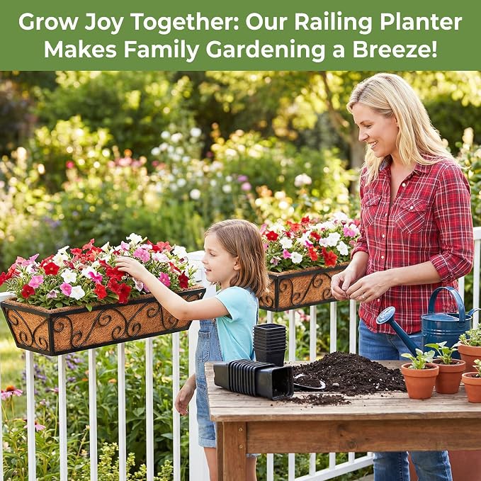 24 Inch Railing Planter Box 4 Pack, Adjustable Window Metal Box Planter with Coco Liner, Hanging Flower Planter for Balcony Deck Fence Porch Patio, Black