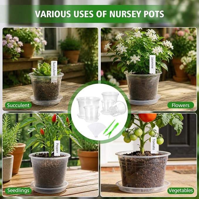 5/6/7/10 Inch Clear Nursery Pots with Drainage Holes and Saucers, 16 Pack Large Plastic Plant Pots for Seedlings, Succulents, Herbs, Flowers & Vegetables, Repotting and Growing (Clear, 16)