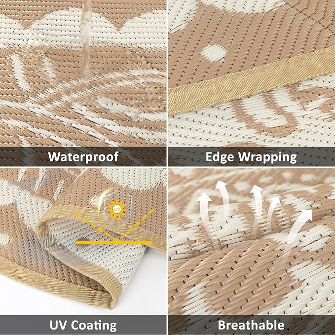 Pauwer Waterproof Outdoor Rug 6x9, Reversible Plastic Straw Patio Camping Rug, Indoor Outdoor RV Mat Carpet for Deck, Camper, Porch, Balcony, Backyard, Picnic, Paisley Brown