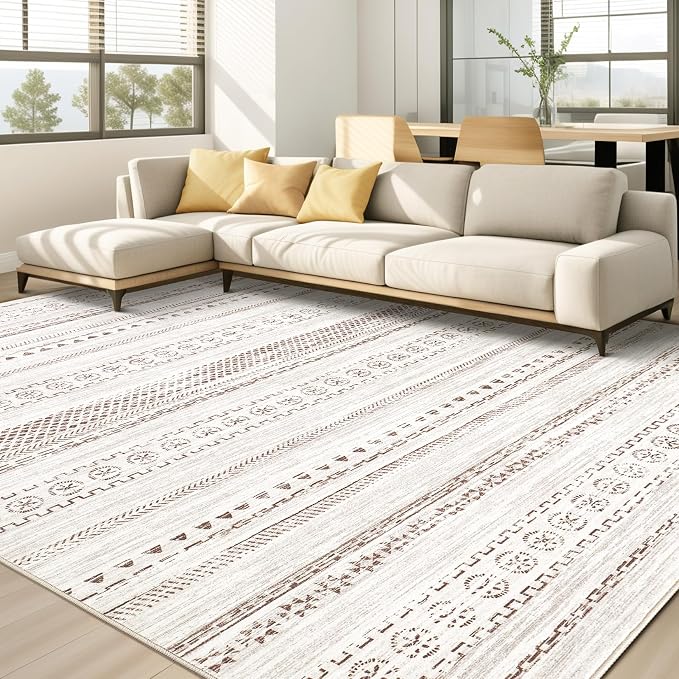 kakania Washable 10x14 Area Rug for Living Room: Boho Geometry Home Decor | Soft Stain Resistant, Low-Pile, Non-Slip, Pet & Kid Friendly, Thin Rug for Bedroom/Dining Room/Kids Dorm - Brown