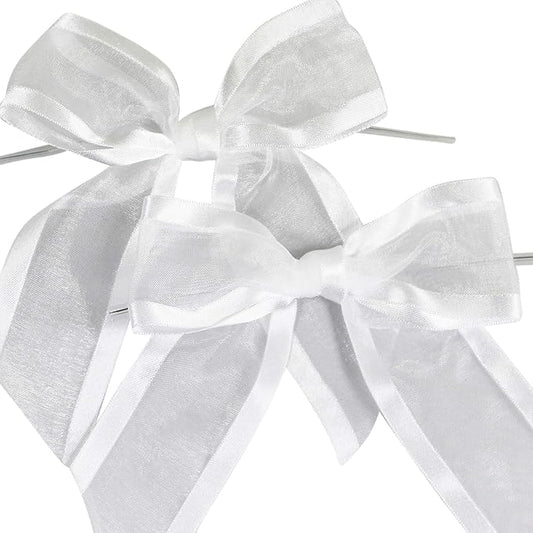 White Pre-Tied Organza Bows with Twist Ties. Pack of 12 Satin-Edged Fabric Bows Made of 1-1/2" Ribbon. Bow Measures 4" Wide (12, White)