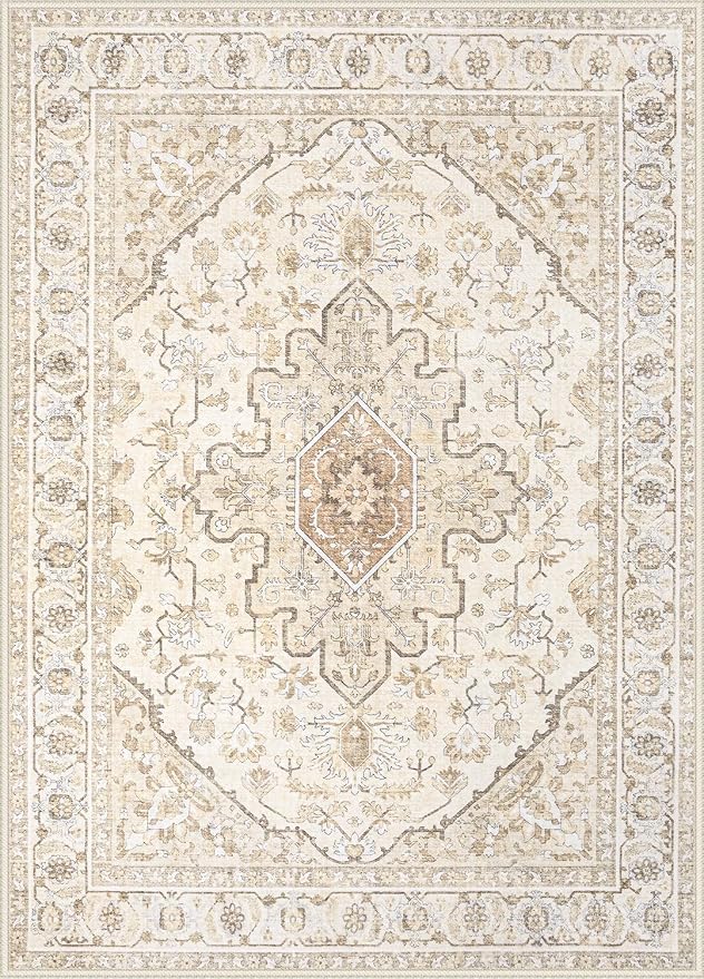 Area Rugs 8x10 Vintage Rug: Large Washable Living Room Rug Retro Medallion Distressed Soft Low Pile Non-Slip Indoor Floor Carpet for Bedroom Kitchen Nursery Dining Office (BeigeBrown, 8'x10')