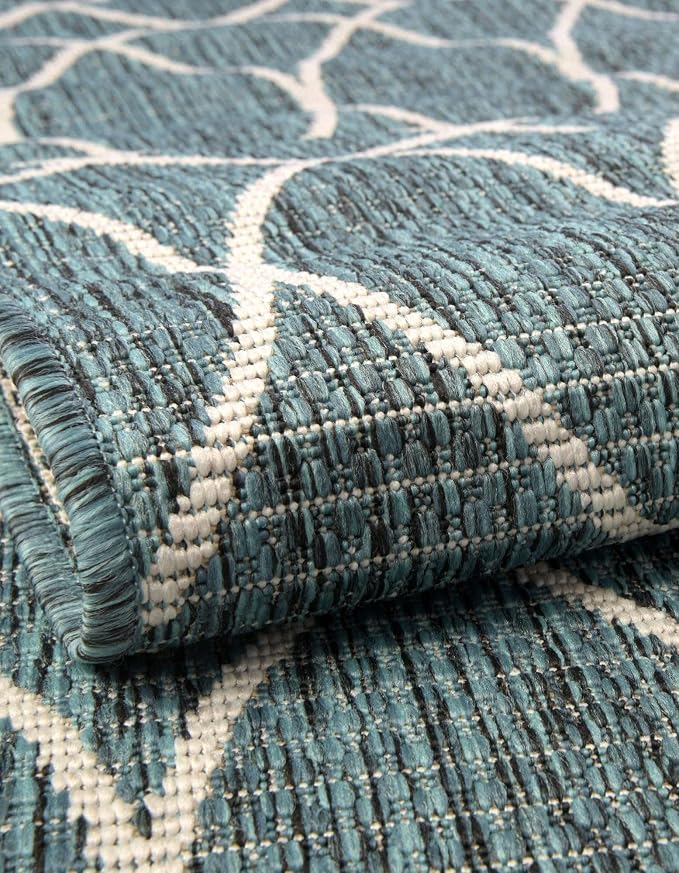 Unique Loom Outdoor Trellis Collection Area Rug - Gitter (4' 1" Round, Teal/ Ivory)