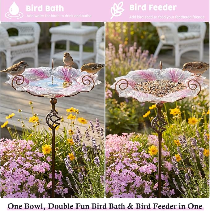 VCUTEKA Glass Bird Bath Outdoor BirdBath Bird Feeder with Metal Stake Garden Decor, Pink